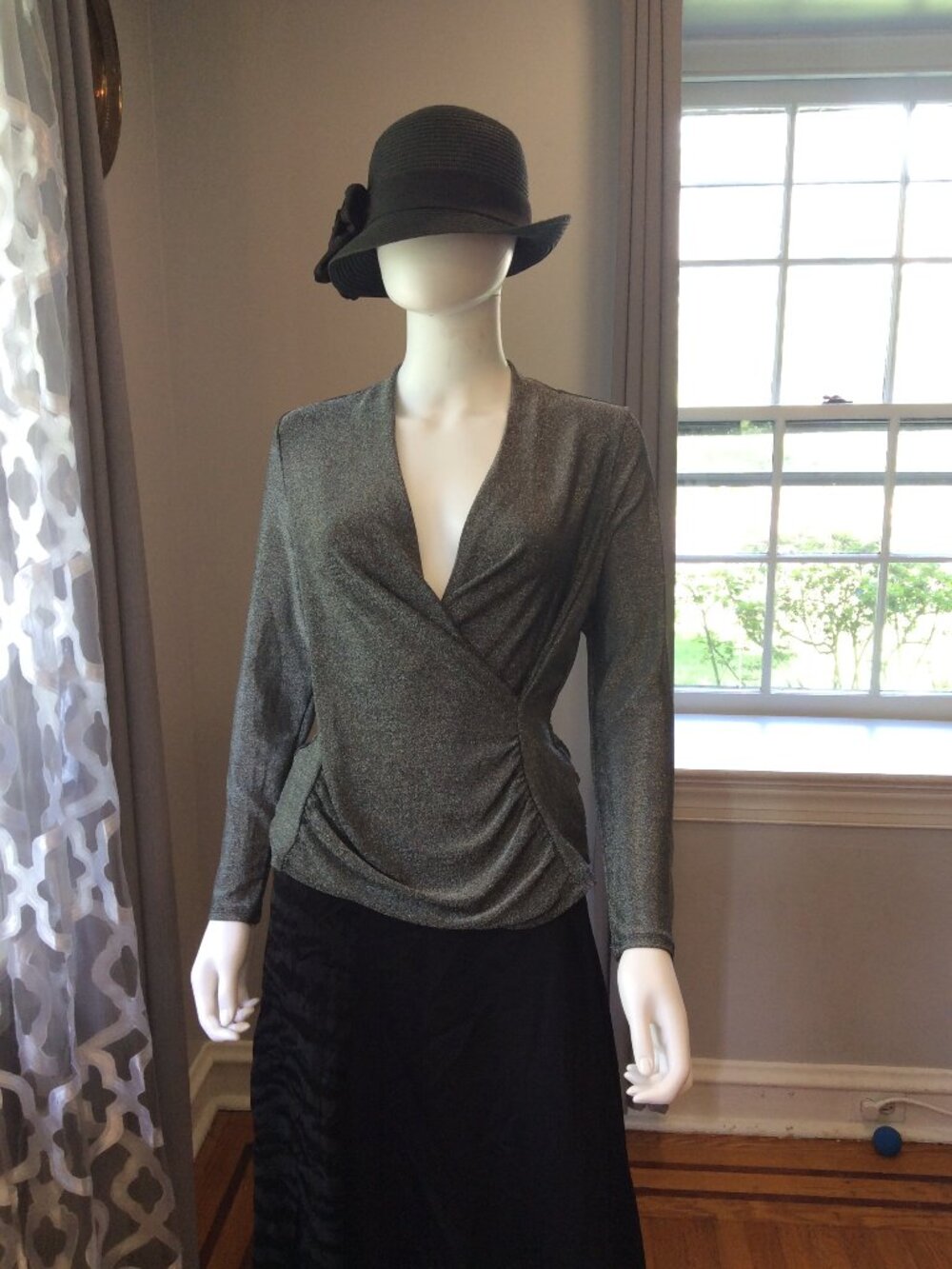 Silver Metallic Wrap Top Long Sleeve Shimmer Blouse